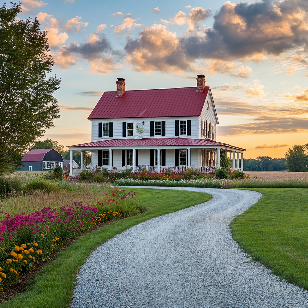 Traditional American farmhouse with red roof and white siding.