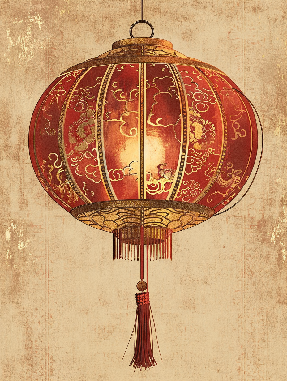 Traditional Chinese lantern with intricate gold patterns and tassels.