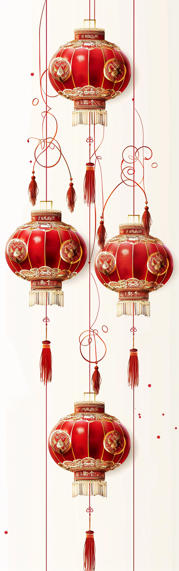 Traditional Chinese red lanterns with gold details on white background.