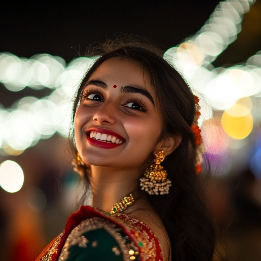 Traditional Indian model in Diwali outfit, happy expression