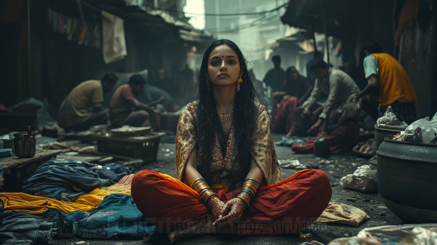 Traditional Indian woman in slum with workers behind.