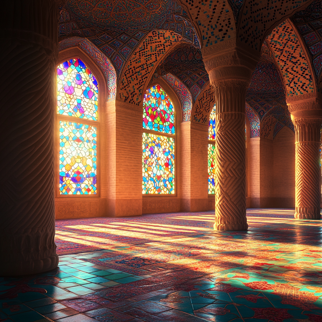 Traditional Iranian mosque courtyard with stained-glass windows reflecting patterns.