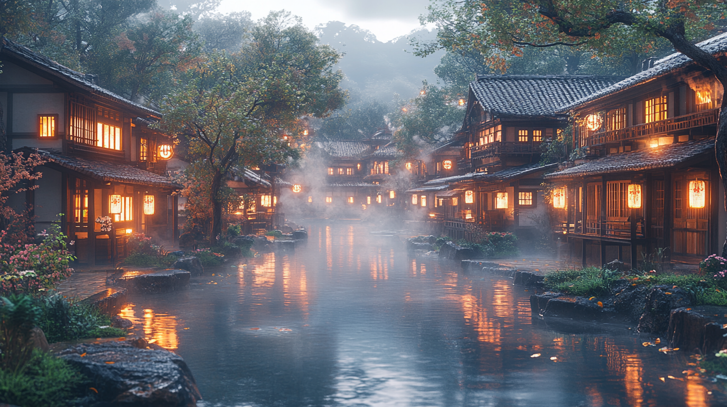 Traditional Japanese Hot Spring Village nestled in mountains