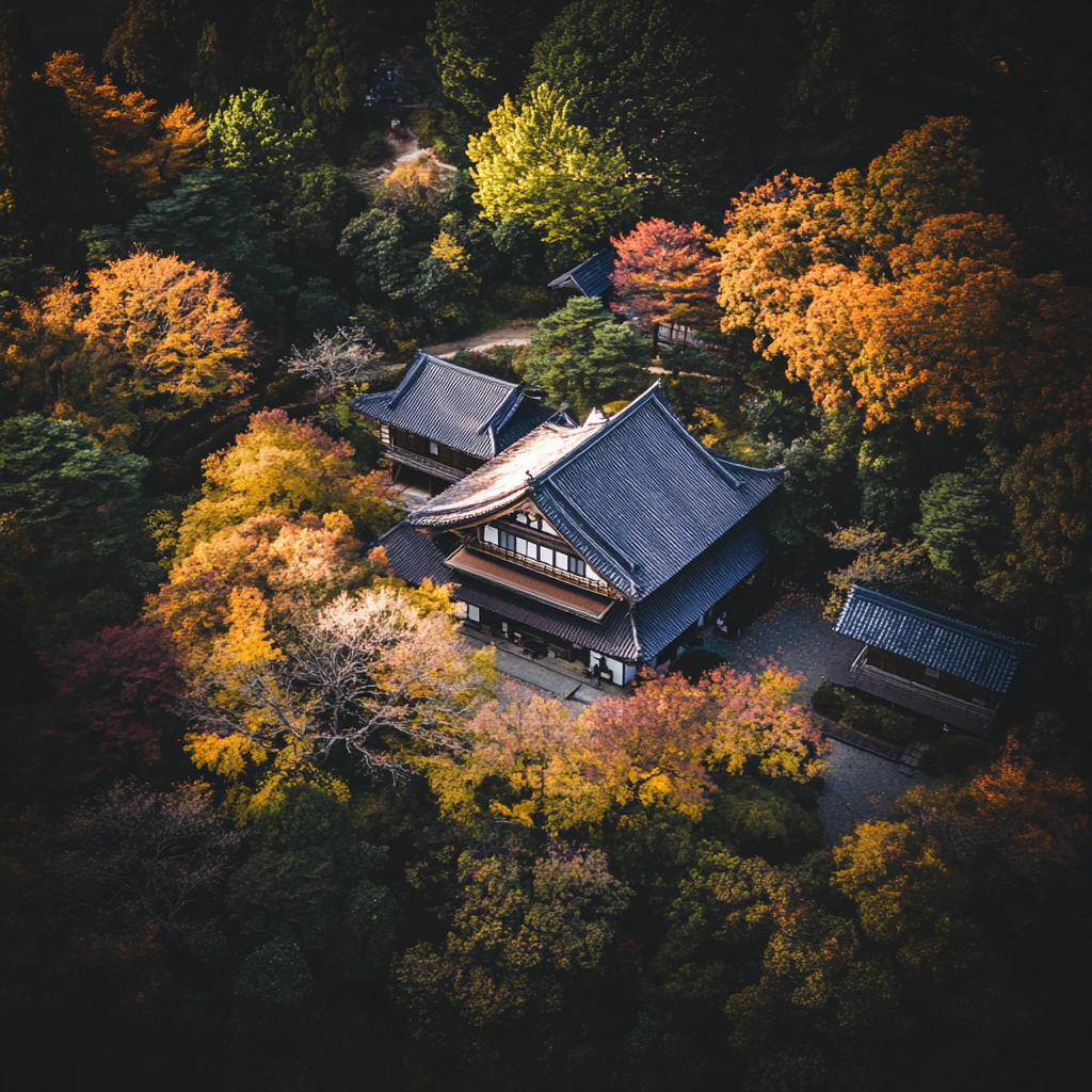 Traditional Japanese house in autumn captured from above.