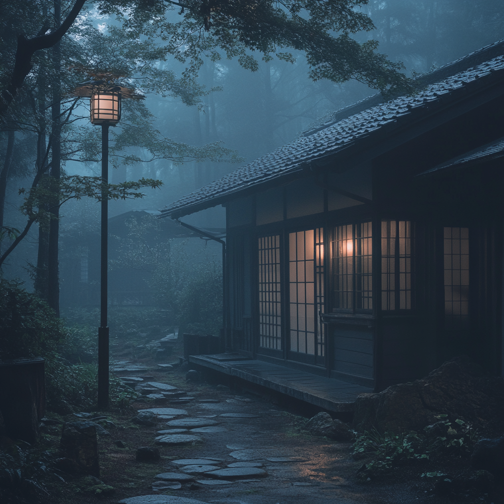 Traditional Japanese house with an engawa in moonlight.