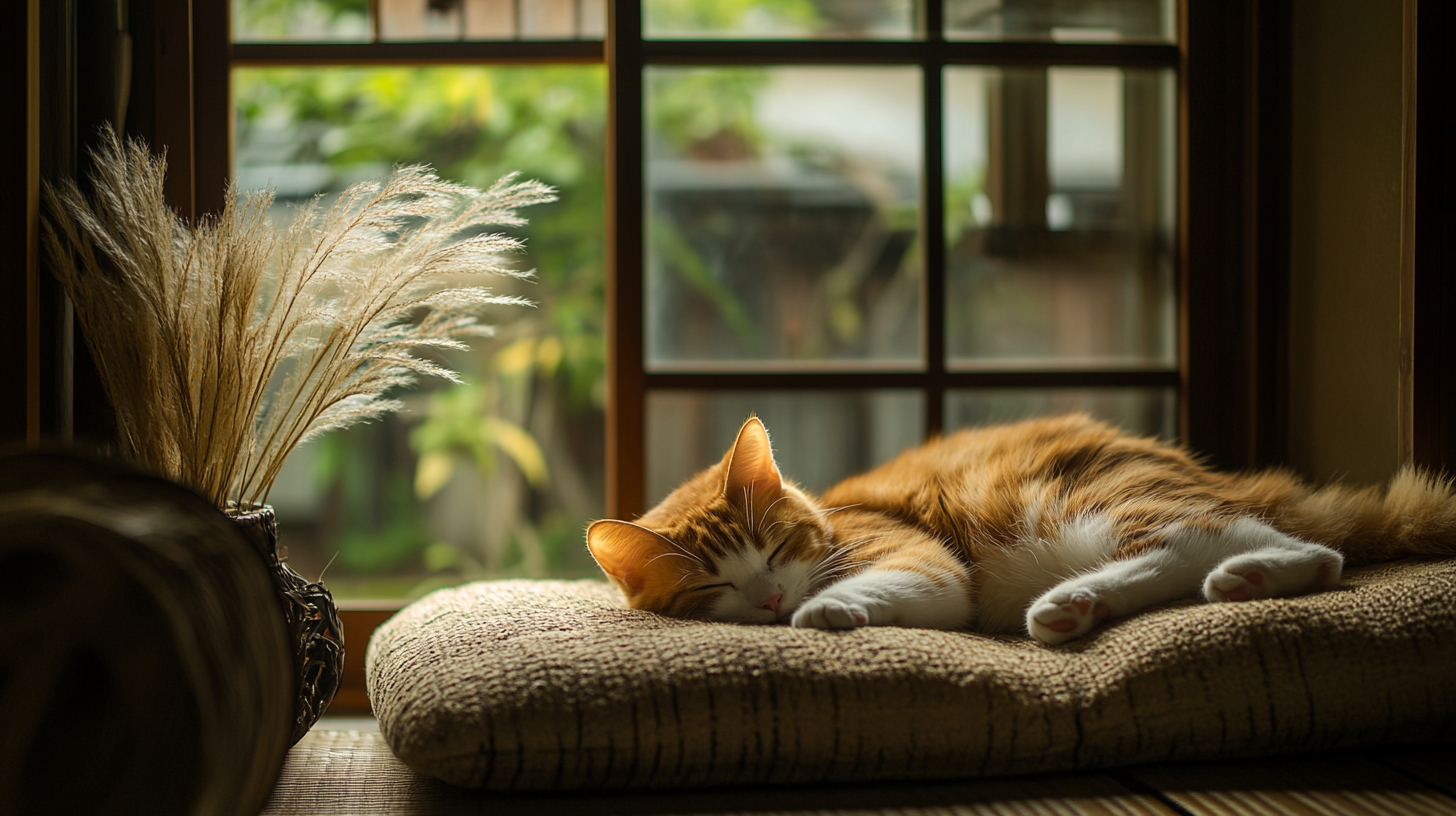 Traditional Japanese house with cat sleeping on veranda.