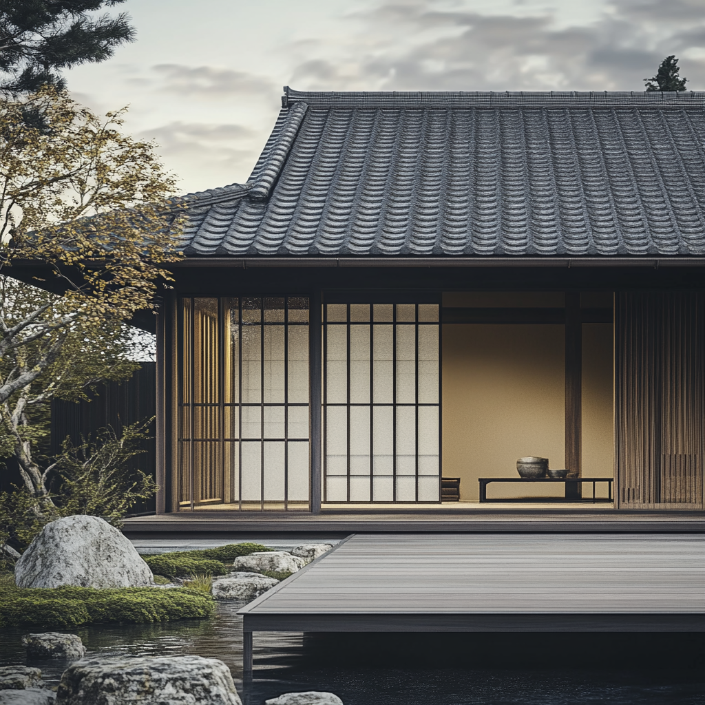 Traditional Japanese house with engawa, natural scene.