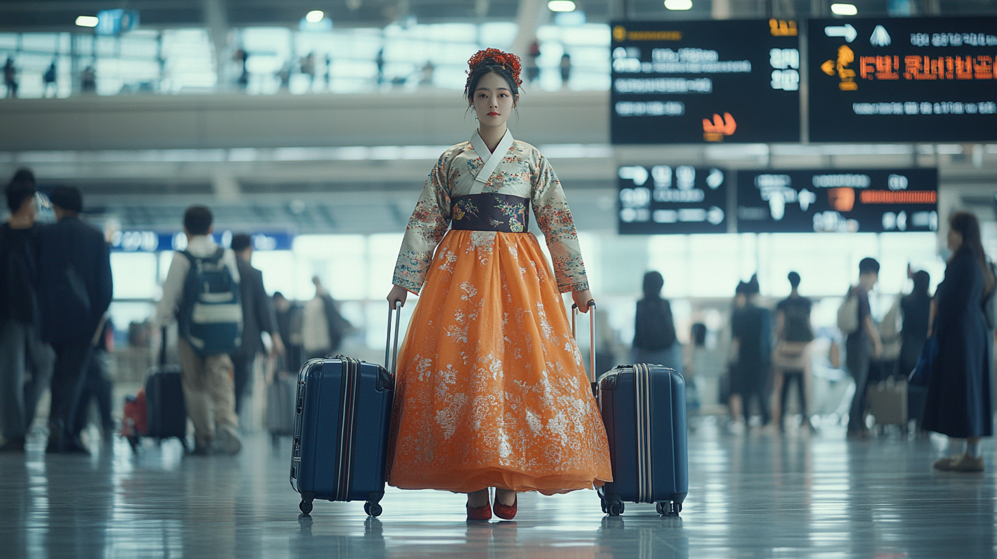 Traditional Korean Woman Gracefully Navigates Incheon Airport.