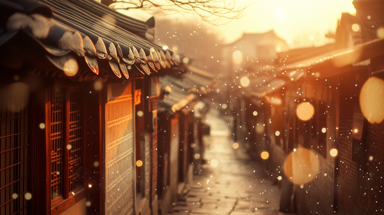 Traditional Korean alleyway with warm tones and lights