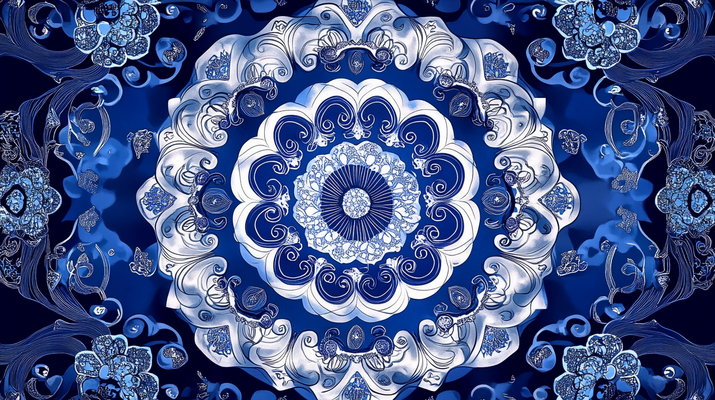 Traditional Korean blue illustrative pattern with scattered lines.