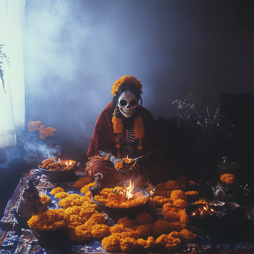 Traditional Mexican celebration at dawn with altar