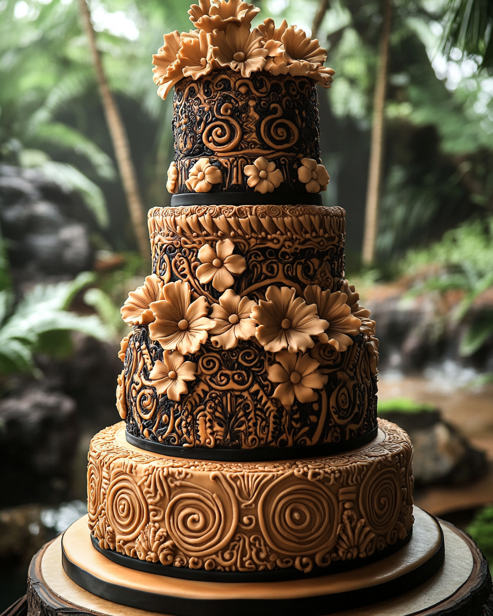 Traditional Polynesian themed wedding cake in garden