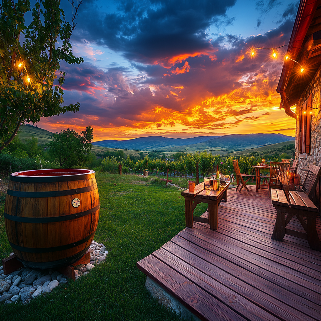 Traditional Romanian Cottage Village House with Wooden Barrel Jacuzzi