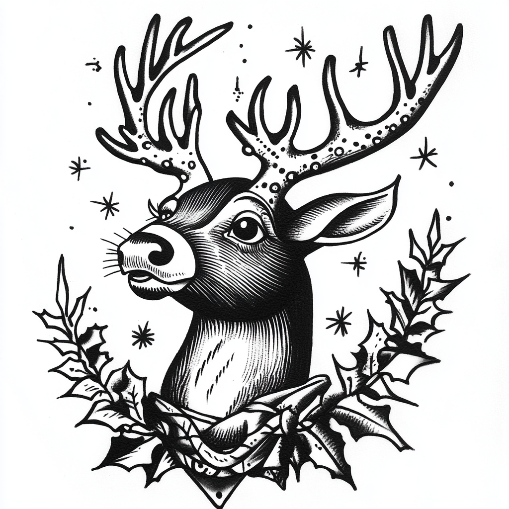 Traditional Sailor Jerry tattoo of Rudolph in black & white.