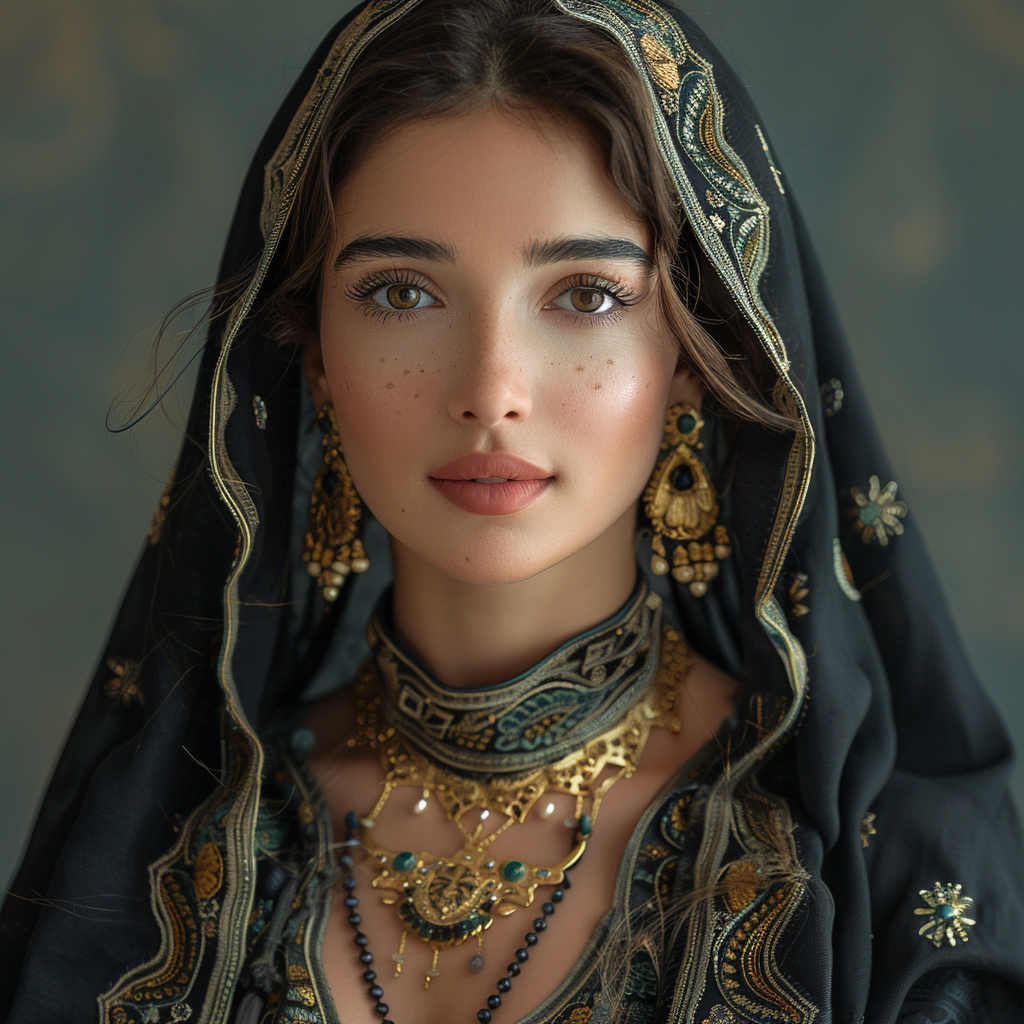 Traditional Saudi clothing on beautiful girl with detailed embroidery.