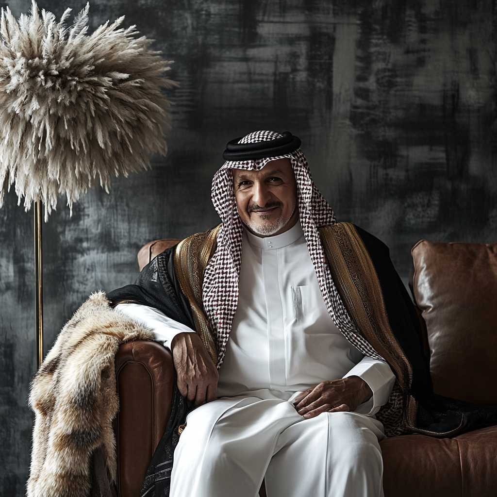 Traditional Saudi man seated on leather sofa, smiling softly.