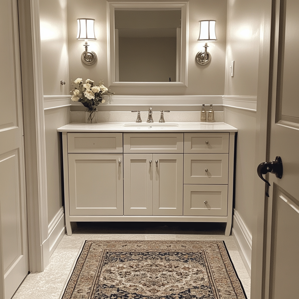 Traditional basement bathroom with muted colors and oriental rug.