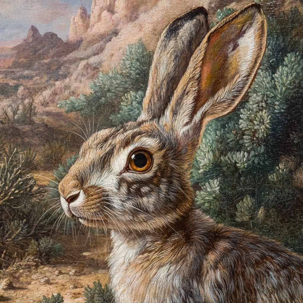 Traditional oil painting of desert hare amidst desert trees.