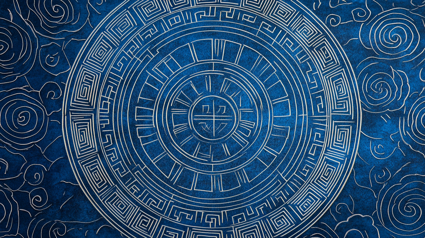 Traditional patterns with Korean designs, blue lines scattered centrally.