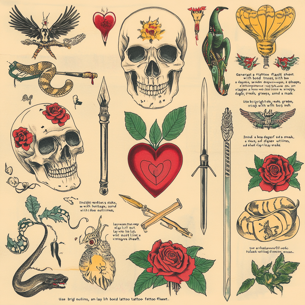 Traditional tattoo flash sheet with skull, dagger, heart.