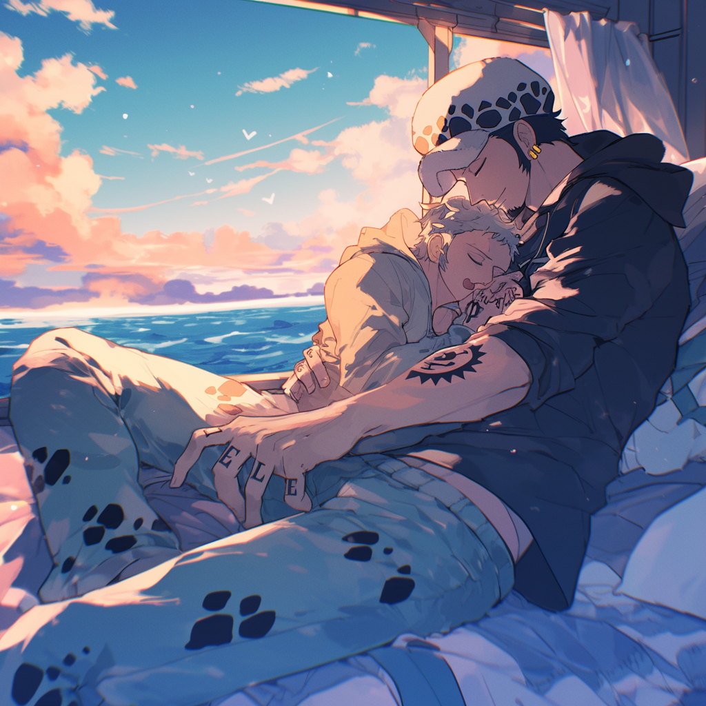 Trafalgar Law napping on Polar Tang submarine at sunset.