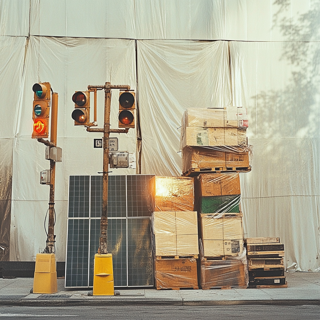 Traffic lights, solar panels at outdoor construction site.