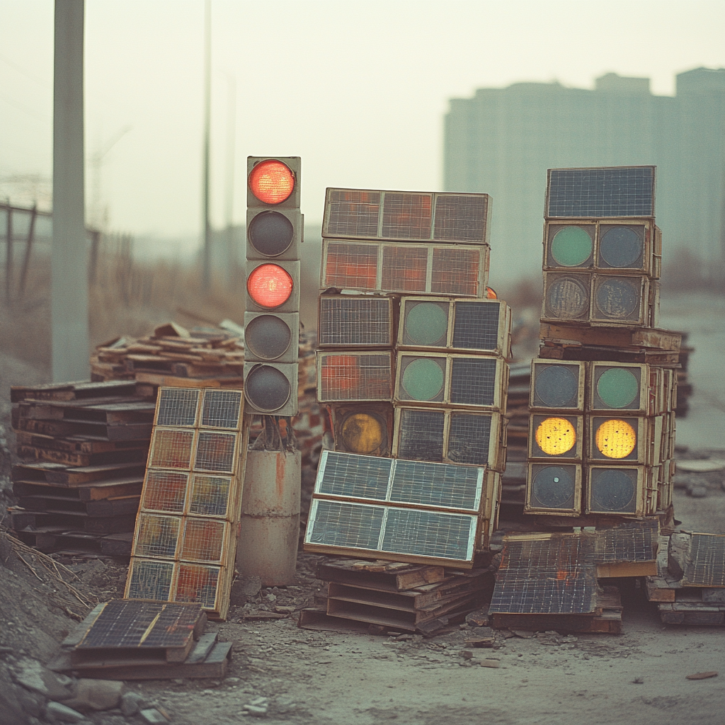 Traffic lights and solar panels stacked outdoors.