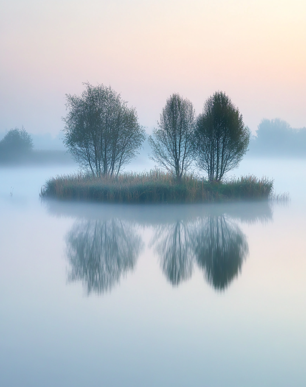 Tranquil Dutch forest morning with misty reflection