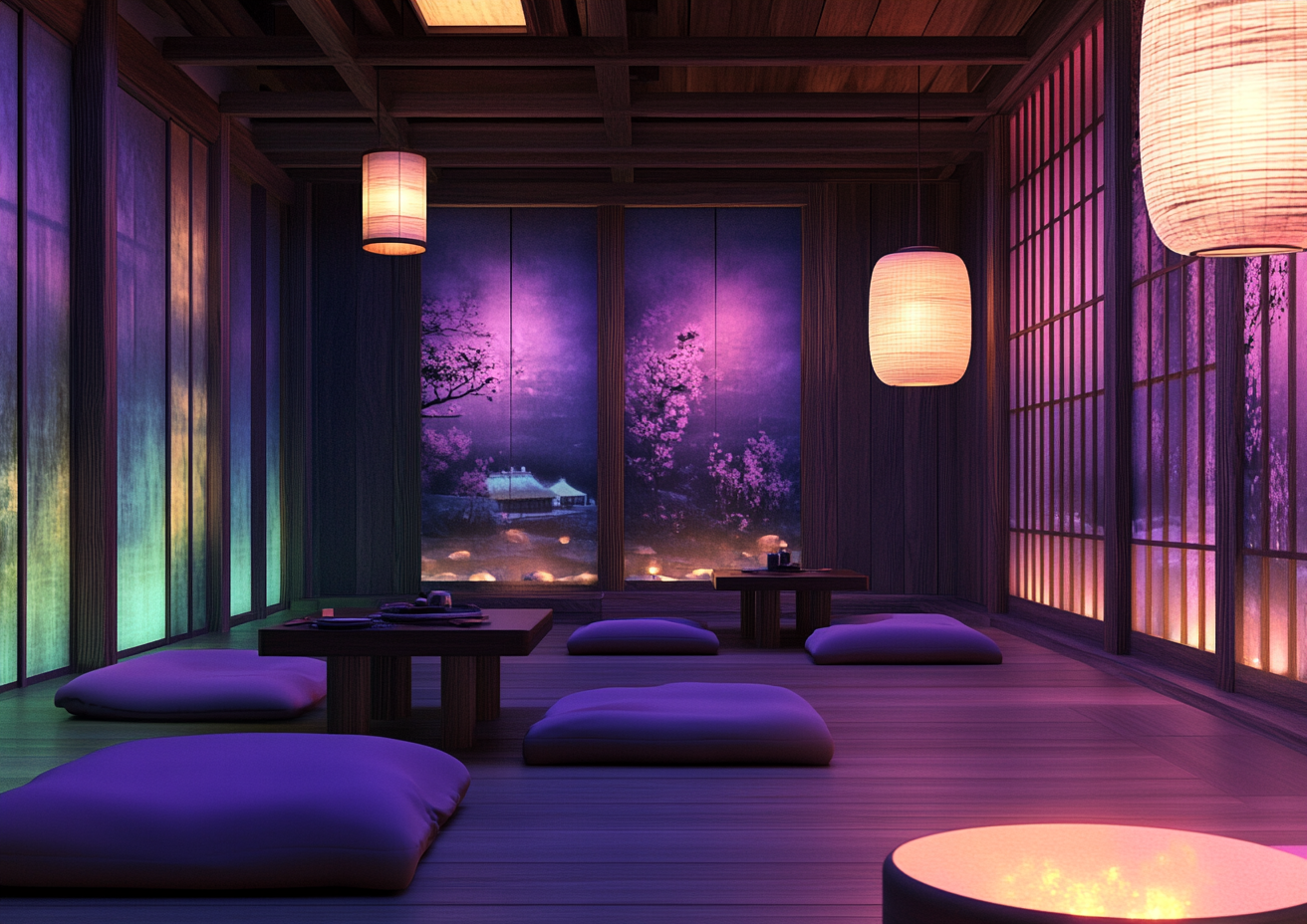 Tranquil Japanese Tea House with Mushroom Motifs