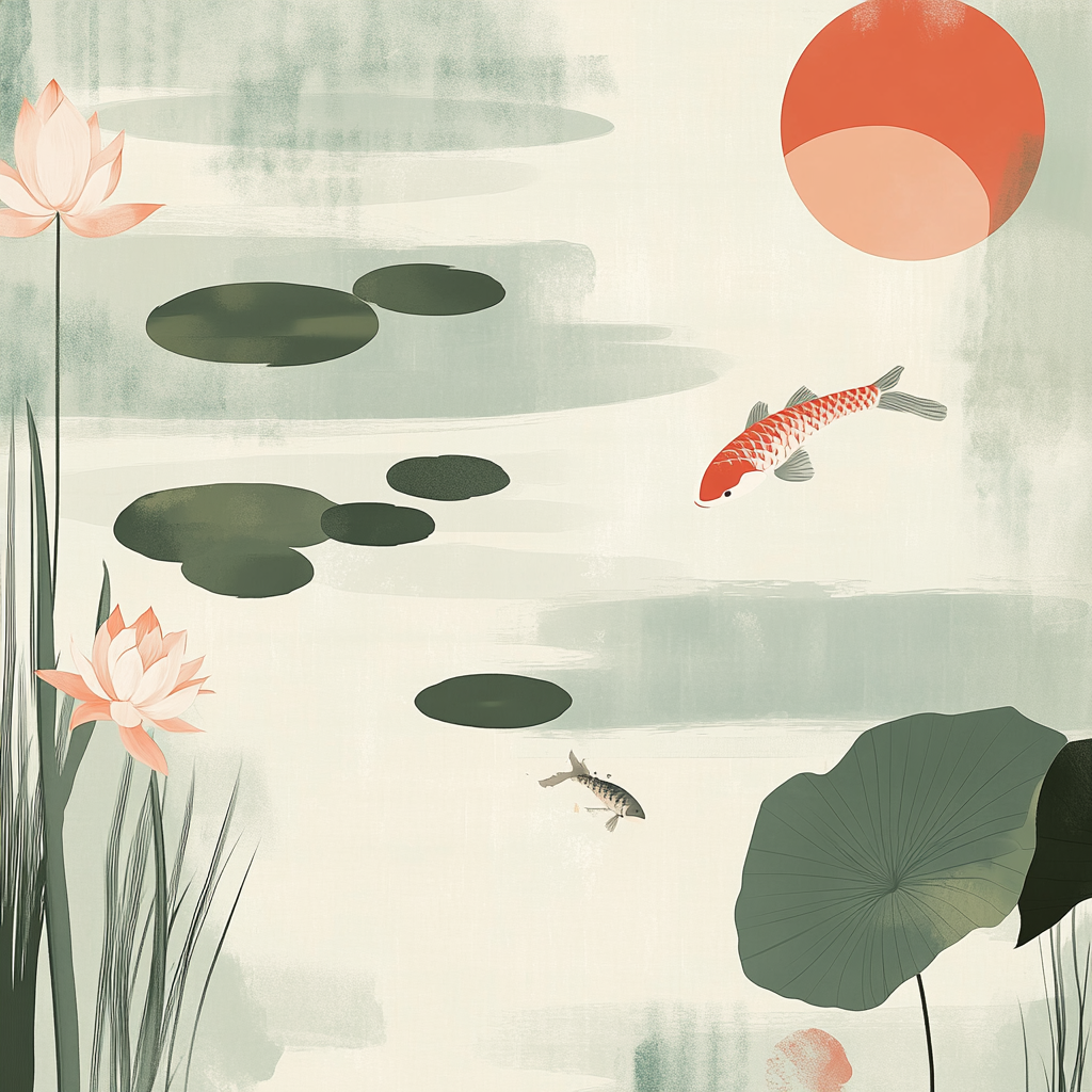 Tranquil Japanese garden with water lilies and koi