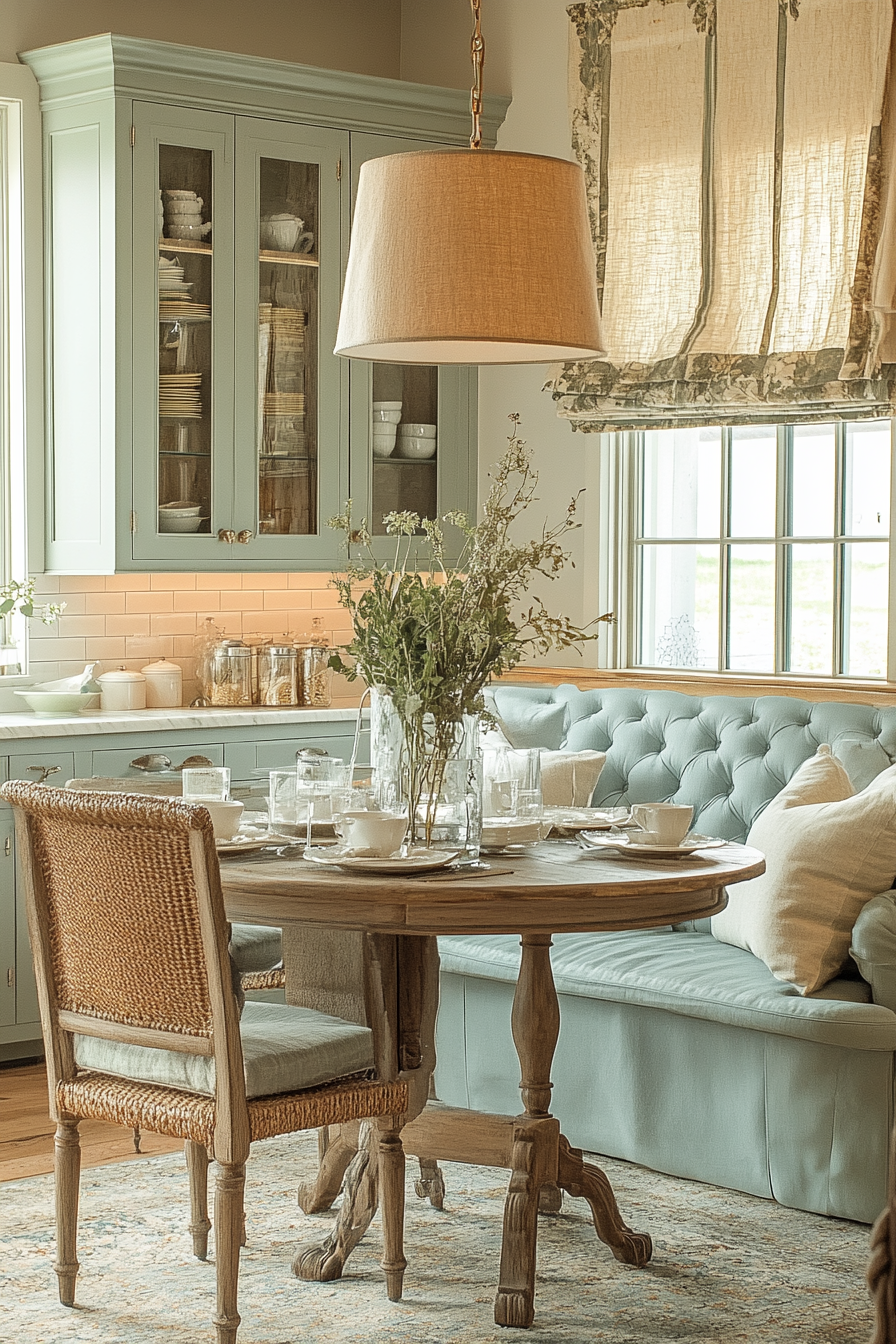 Tranquil Seagrass Kitchen with Plush Seating Area