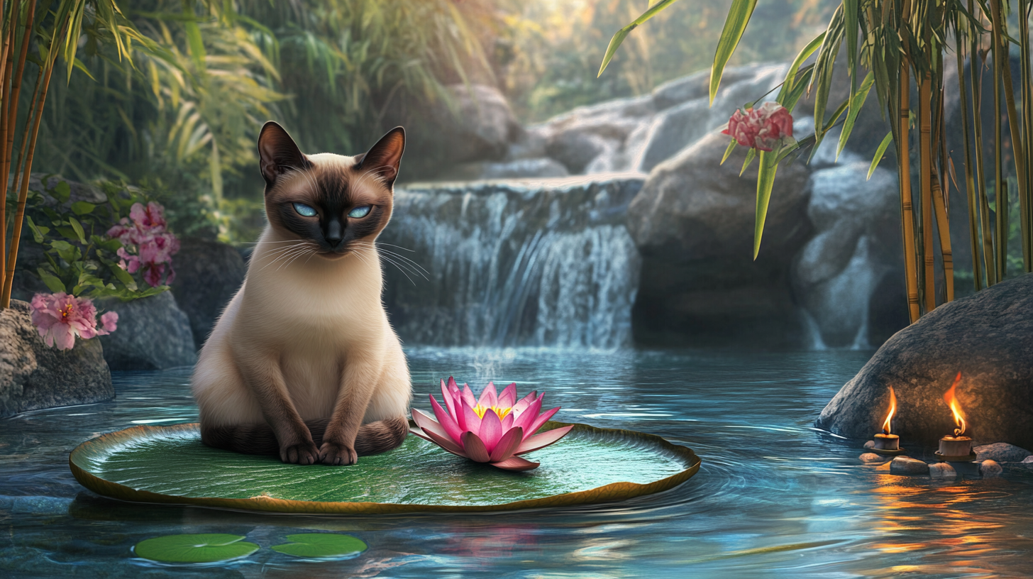 Tranquil Siamese cat meditates on lily pad.