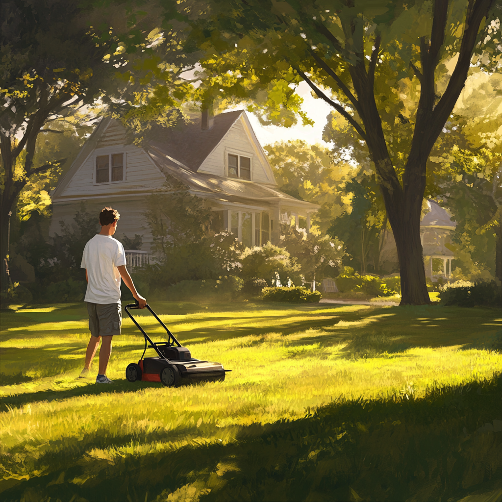 Tranquil Suburban Man Mowing Lawn in Warm Sunlight 