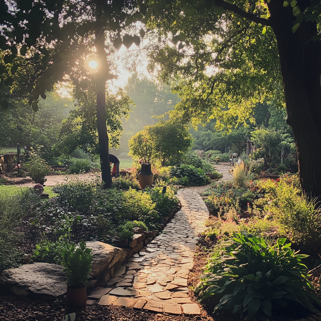 Tranquil Sunday Morning Garden with Gardener, iPhone 15 Pro 