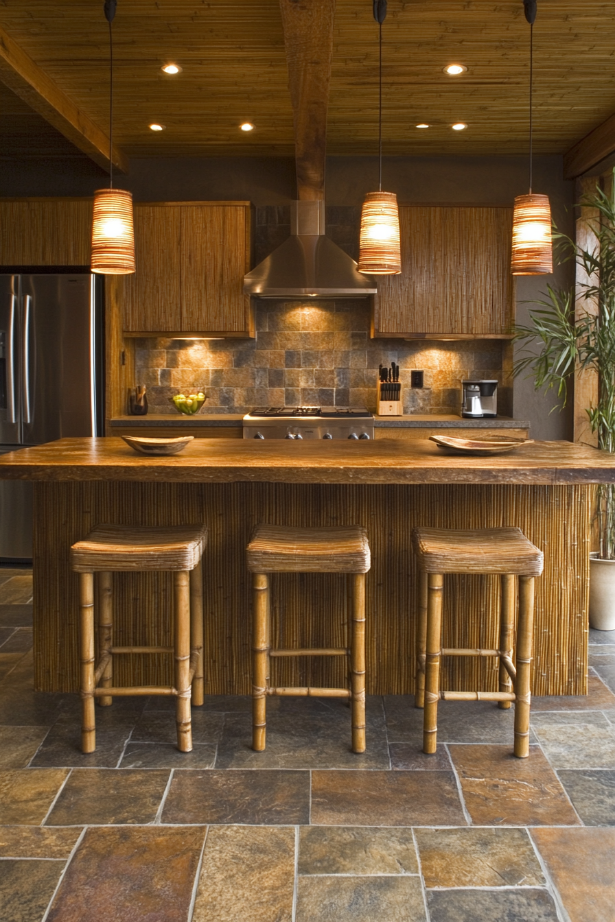 Tranquil Zen kitchen with bamboo elements and natural stone