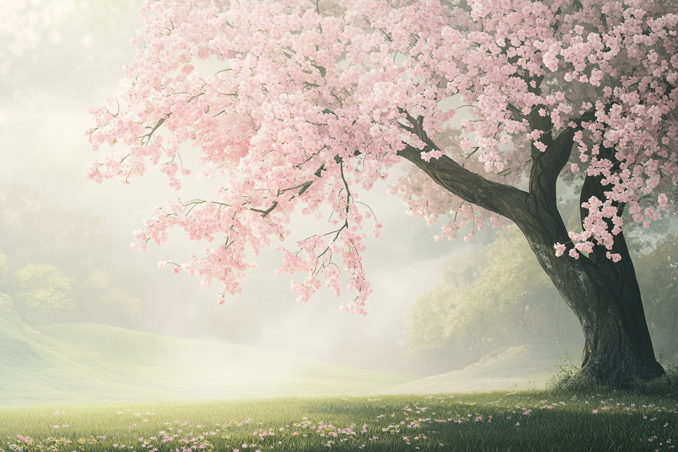 Tranquil cherry blossom tree in lush green field. Serene.