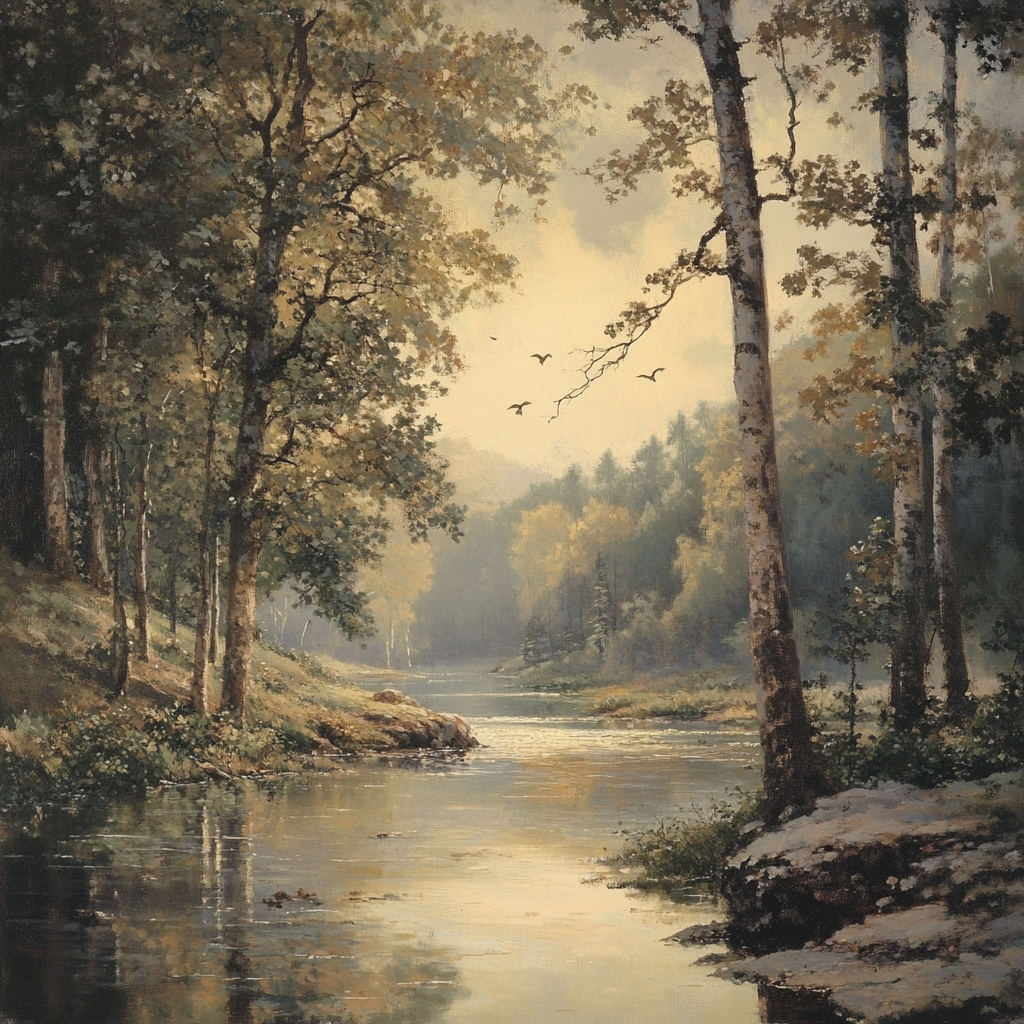 Tranquil forest with flowing river and gentle breeze