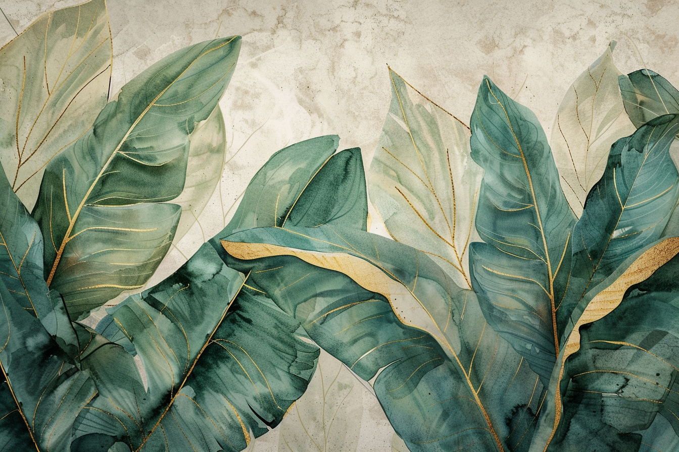 Tranquil green leaf mural with gold accents