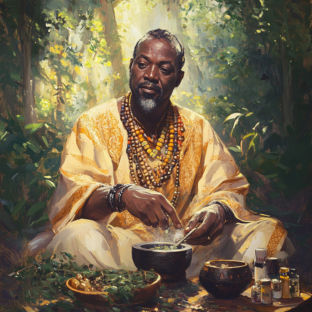 Tranquil image of Sundiata, African healer, surrounded by nature.