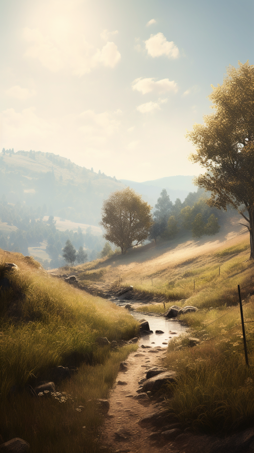 Tranquil landscape with hills, path, trees, stream.