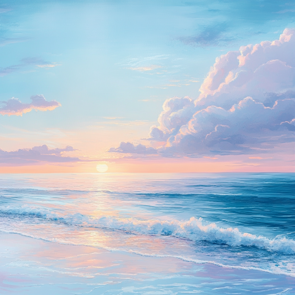 Tranquil ocean with gentle waves in soft pastel colors.