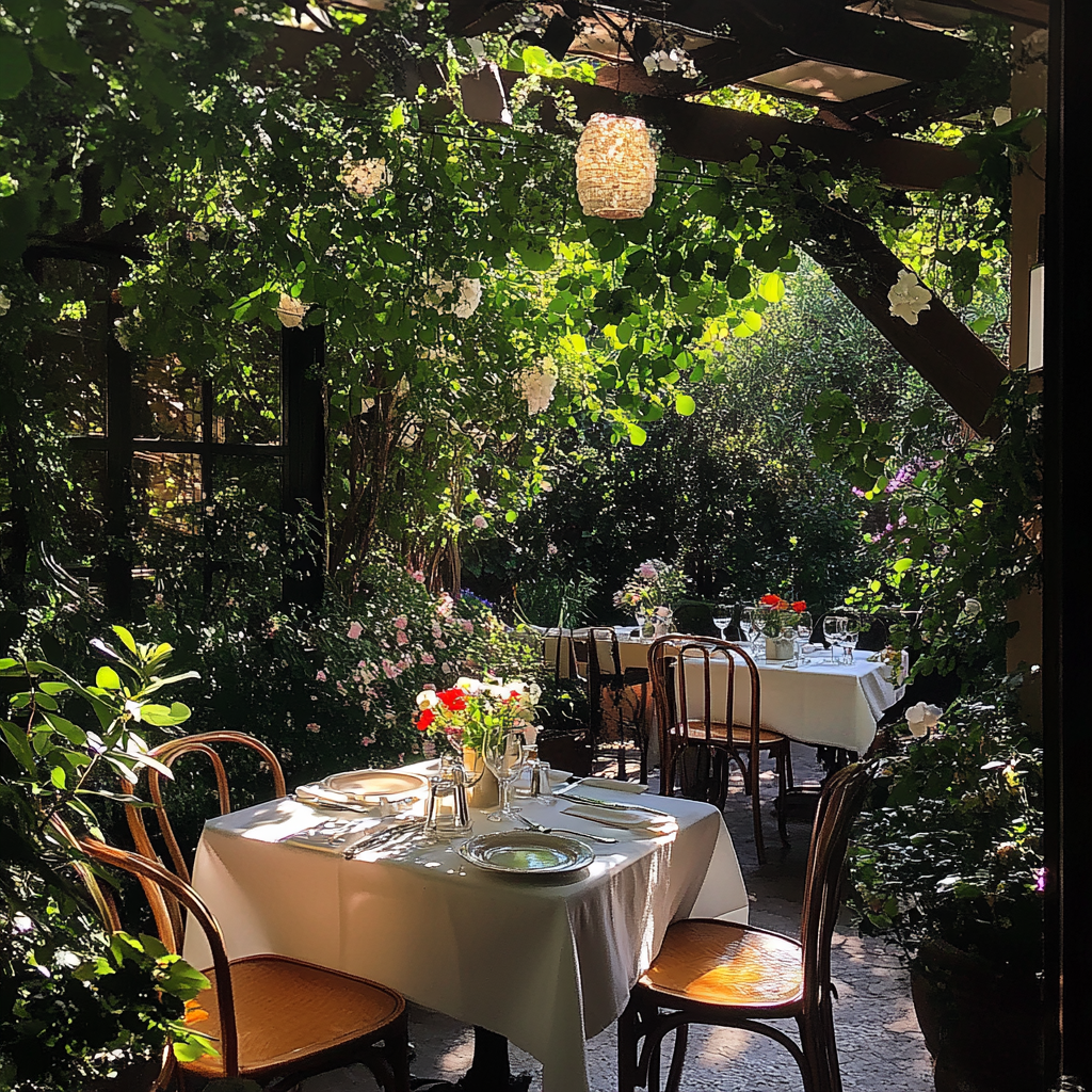 Tranquil outdoor lunch with flowers and greenery 