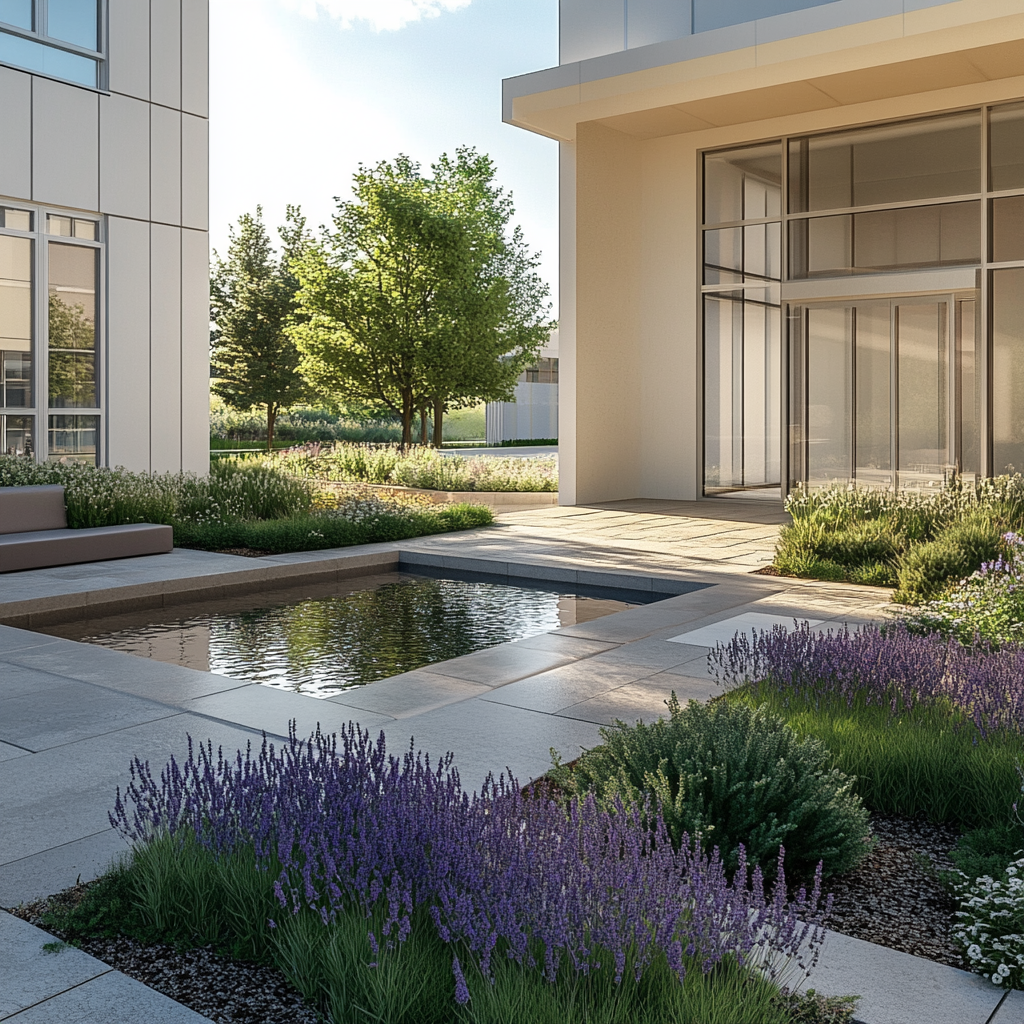 Tranquil university garden with aromatic plants and reflecting pool