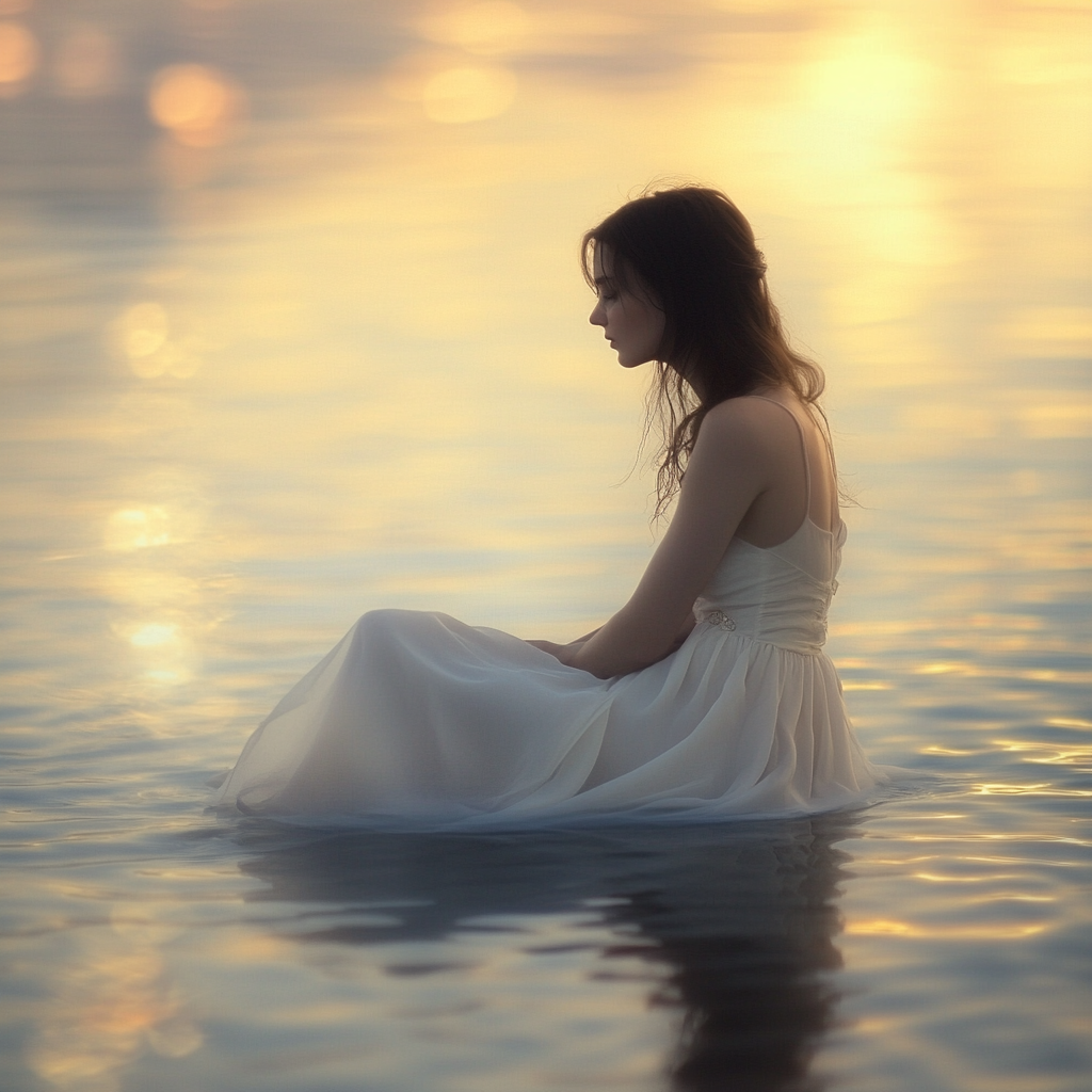 Tranquil woman on water, lost in dreamy sunset