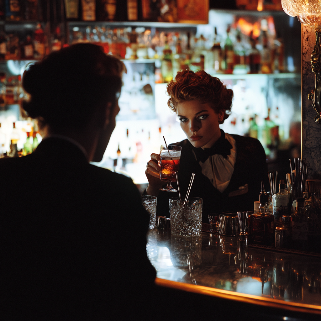 Trans woman enjoys Negroni while watching mixologist. Bar ambiance.