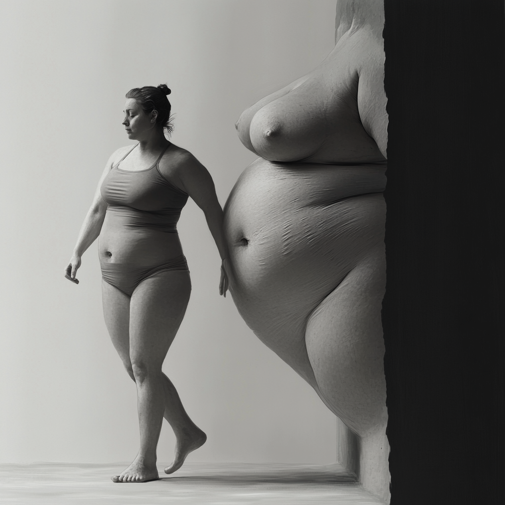 Transformation, self-acceptance symbolized as slim woman emerging from body.