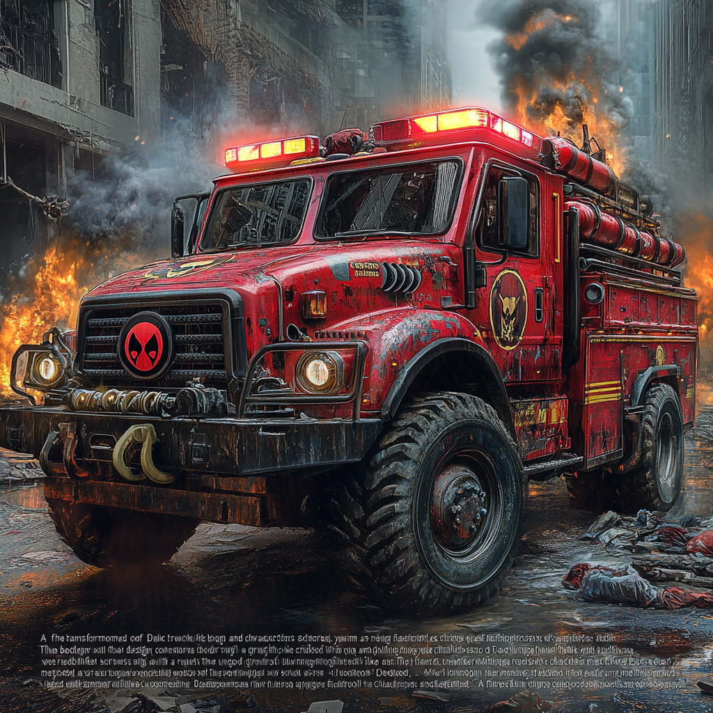 Transformed fire truck with Deadpool design, chaotic and playful.