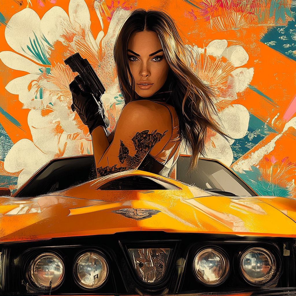 Transformers Star Megan Fox in GTA V Style with Opscor Helmet on Floral Background