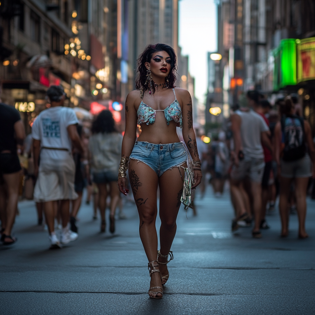 Transgender woman in New York wearing glamorous outfit.