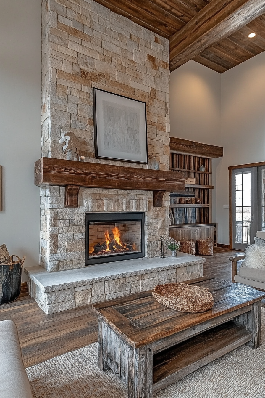 Transitional farmhouse fireplace blending traditional charm with modern